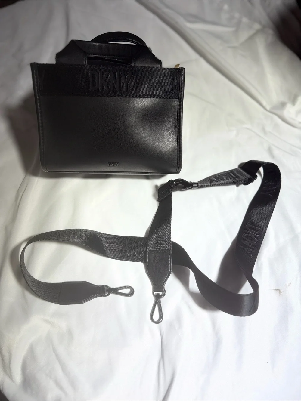 DKNY Black Leather Crossbody Bag with Logo Strap
